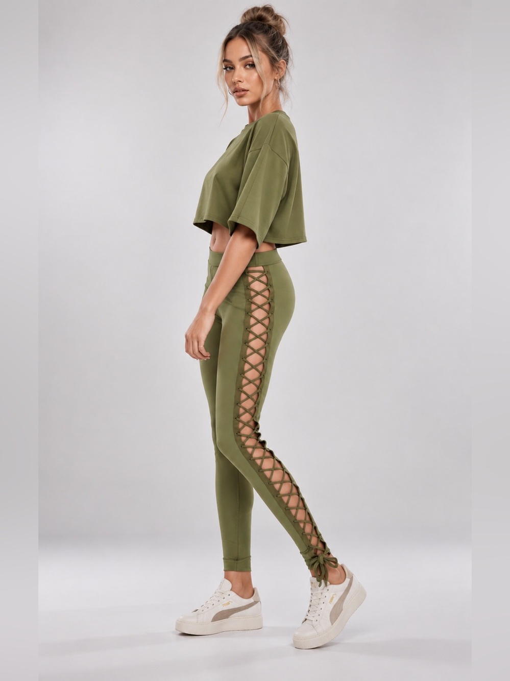 Puma Fenty‎ By Rihanna Leggings Boxing & Bomber Lacing Tight Olive Branch XXS 0